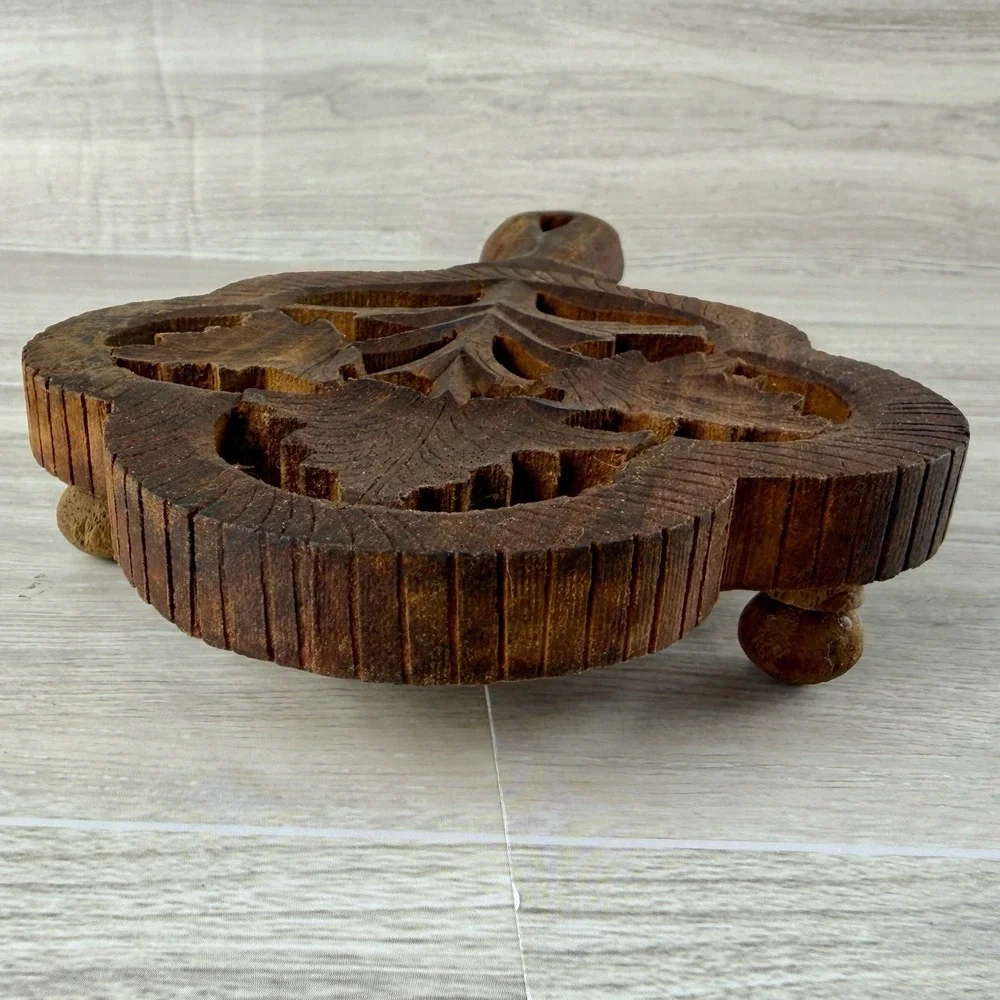 Wooden Trivet Open Work Vintage Handle 3 Ball Feet Hot Dish Hanging Decor MCM